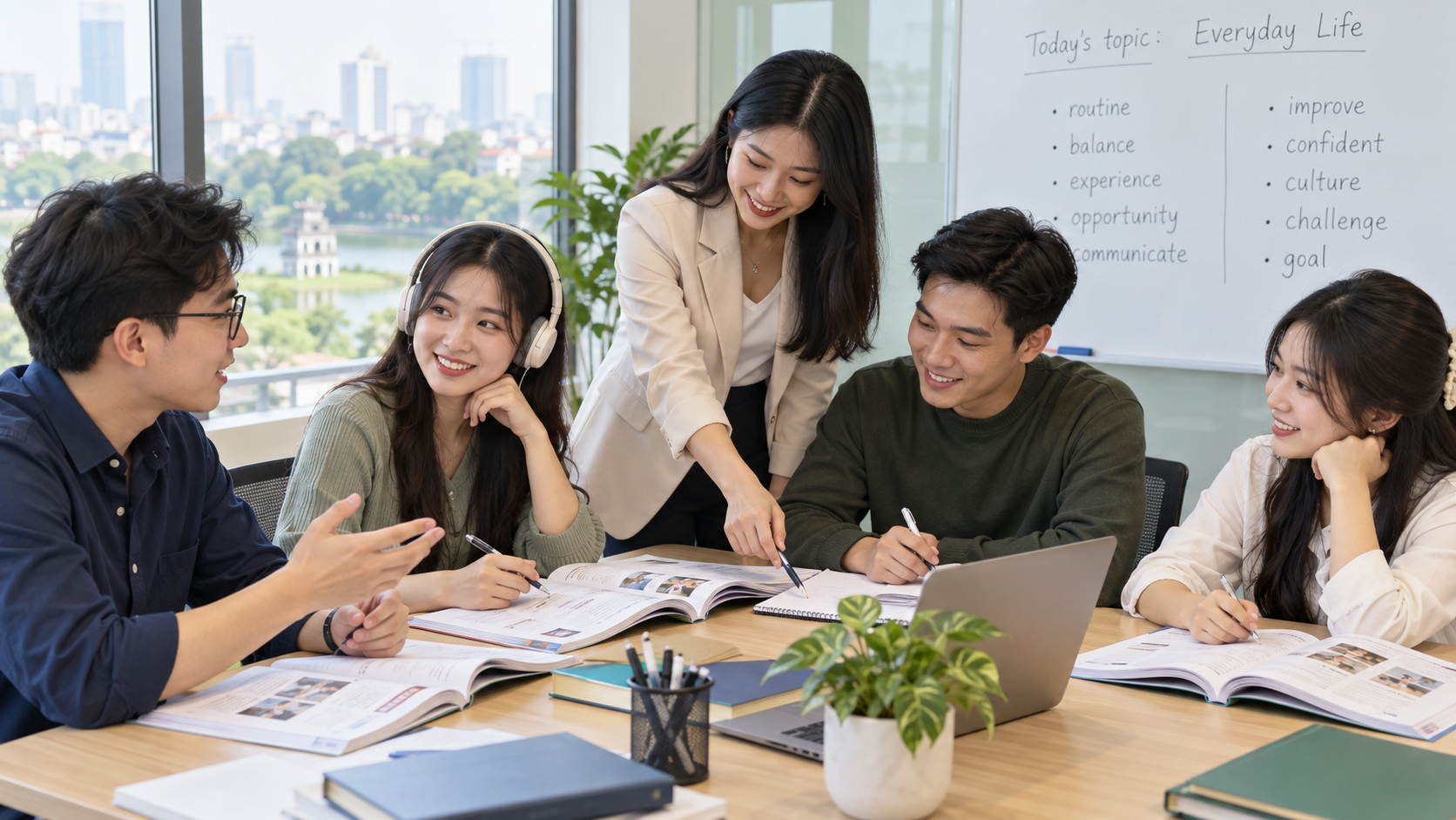 Ảnh AI minh họa người học Việt Nam trao đổi bài cùng giáo viên